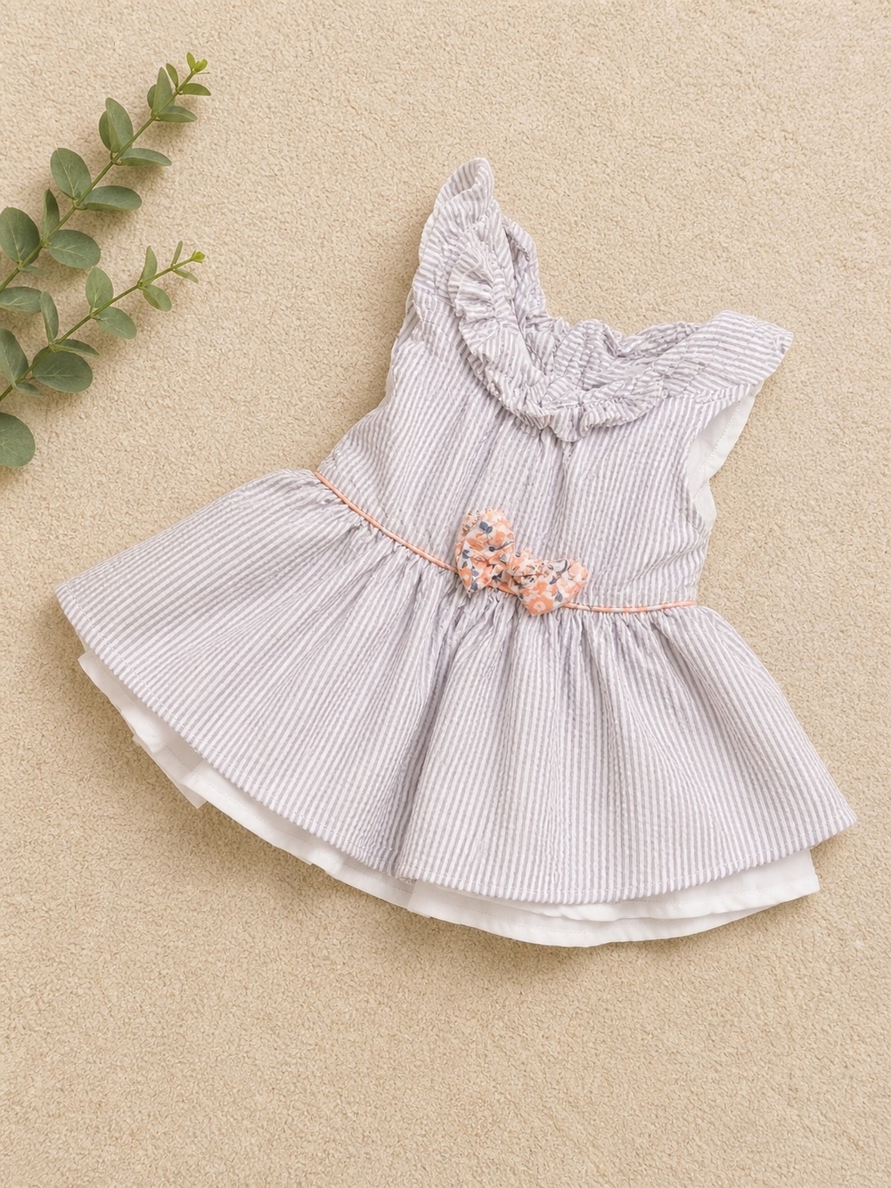 Sleeveless Gray-Striped Ruffle Dress with Peach Floral Bow for Girls